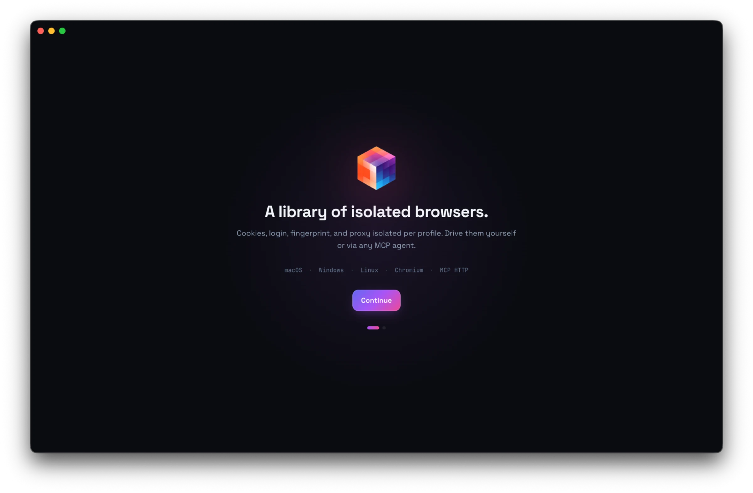 MultiZen first-run onboarding screen — a library of isolated browsers