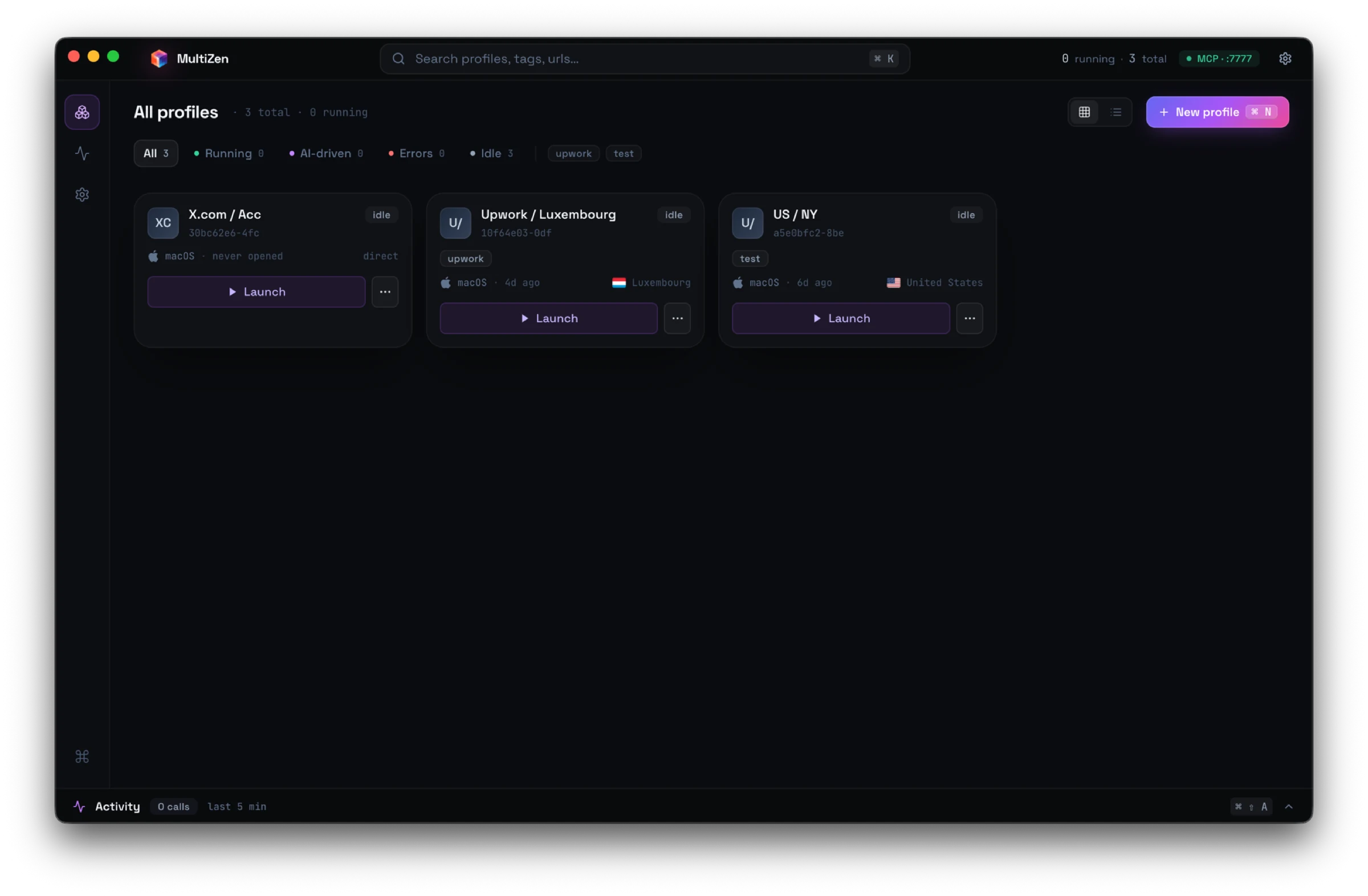 MultiZen — three browser profiles with proxy, platform, and fingerprint chips